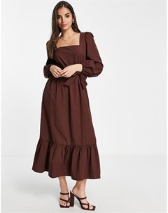 Поплиновое платье миди шоколадного цвета с поясом и квадратным вырезом Miss selfridge