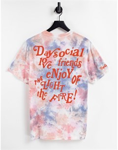 Розовая и синяя футболка с принтом тай дай надписью на спинке и логотипом ASOS Daysocial Asos day social