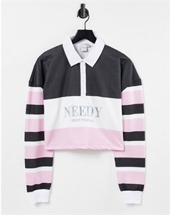Укороченная рубашка регби с полосками в стиле колор блок и вышитой надписью Needy Skinnydip
