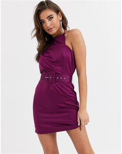 Фиолетовое атласное платье мини с квадратным вырезом и поясом Missguided