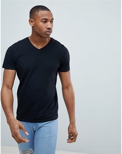 Черная облегающая футболка с V образным вырезом Essentials Jack & jones