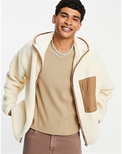 Oversized куртка бежевого цвета из искусственного меха под овчину с акцентным карманом Asos design