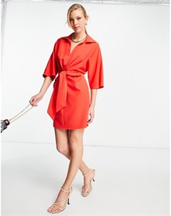 Красное платье мини с воротником рукавами летучая мышь запахом спереди и узлом Asos design