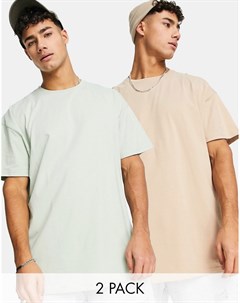 Набор из 2 oversized футболок чветло бежевого и шалфейно зеленого цветов Threadbare
