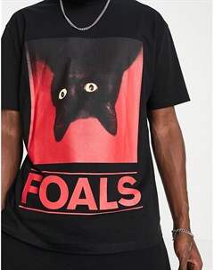 Черная oversized футболка с принтом Foals cat Topman
