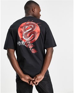 Черная футболка в стиле oversized с принтом дракона на спинке Selected homme