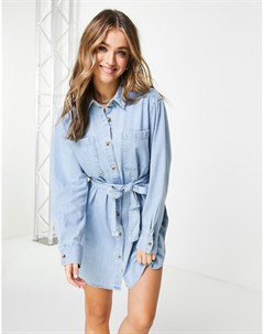 Голубое джинсовое платье рубашка в стиле oversized с поясом Asos design