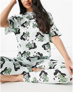 Пижама из футболки и леггинсов с принтом панд и пальмовых листьев мятного цвета Asos design