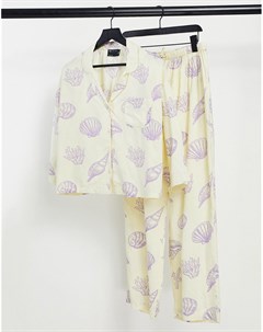 Пижамный комплект из рубашки с длинными рукавами и брюк из модала желтого цвета с принтом ракушек Asos design