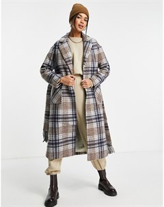 Удлиненное клетчатое пальто с поясом с кисточками из материала с добавлением шерсти Fashion union