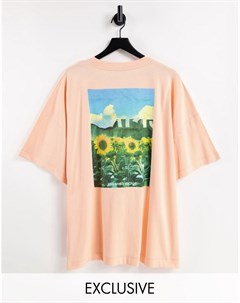Свободная футболка из органического хлопка оранжевого цвета с принтом подсолнухов Inspired Reclaimed vintage