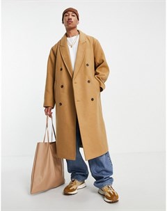 Бежевое длинное пальто в стиле oversized из материала с добавлением шерсти Asos design
