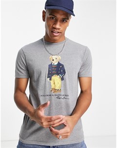 Серая меланжевая футболка с принтом медведя денди Polo ralph lauren