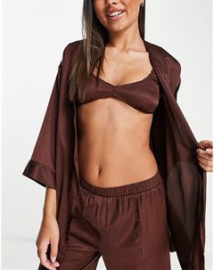 Атласная пижама из бралетта брюк и халата шоколадного цвета Asos design