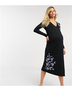 Черное платье миди с запахом длинными рукавами и синей цветочной вышивкой ASOS DESIGN Maternity Asos maternity