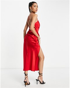Красное атласное платье миди с квадратным вырезом драпировкой и шнуровкой на спине Asos design