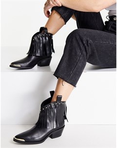 Черные высокие ботинки на каблуке в стиле вестерн с бахромой Love moschino