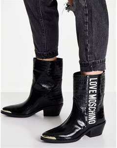 Черные ботильоны в стиле вестерн на каблуке с металлической накладкой на носке Love moschino
