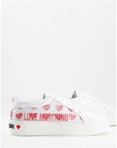 Бело красные кроссовки с сердечками разных видов Love moschino