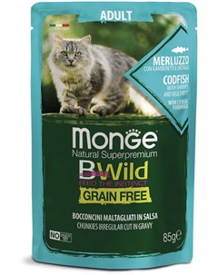 Паучи Cat BWild Grain Free Adult из трески с креветками и овощами для кошек 85 г Треска с креветками Monge