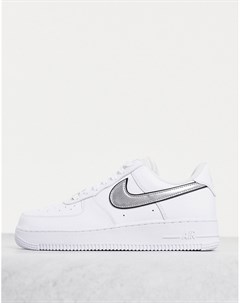 Белые кроссовки с серебристым металлизированным логотипом галочкой Air Force 1 07 Essential Nike