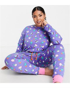 Длинный пижамный комплект фиолетового цвета с котами и кактусами Plus Chelsea peers