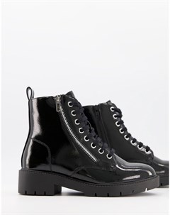 Лакированные черные ботинки на шнуровке и плоской подошве с молниями New look