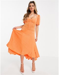 Оранжевое присборенное платье миди с короткой расклешенной юбкой вышивкой ришелье и объемными рукава Asos design