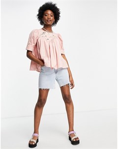 Розовая хлопковая блузка с короткими рукавами и цветочной вышивкой ришелье Asos design