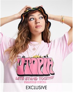 Oversized футболка светло розового цвета с рисунком Utopia в стиле 70 х Inspired Reclaimed vintage