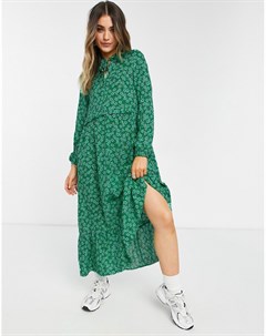 Зеленое свободное платье миди с завязкой на шее и цветочным принтом New look