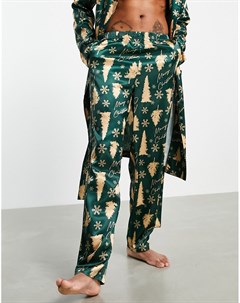 Атласные пижамные штаны с принтом новогодних елок Asos design