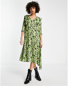 Зеленое платье миди с оборками и цветочным принтом Topshop