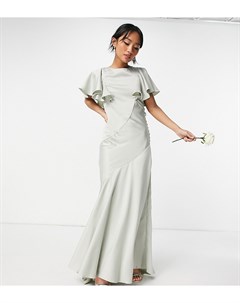 Атласное платье макси с расклешенными рукавами и пуговицами по бокам оливкового цвета для подружки н Asos petite