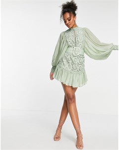 Кружевное платье мини шалфейного оттенка с ремнем и плиссированными рукавами Asos design