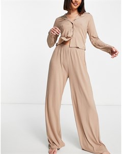 Классическая облегающая пижама из рубашки и брюк в рубчик серо коричневого цвета Asos design