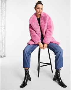 Розовое пальто миди из искусственного меха с накладными карманами Topshop