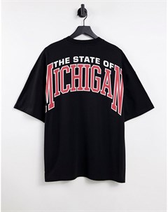 Черная футболка в стиле extreme oversized с принтом Michigan на груди и спине Topman