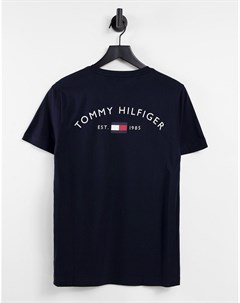 Темно синяя футболка с принтом выгнутого логотипа с флагом на спине Tommy hilfiger
