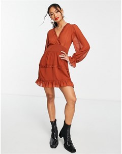 Платье мини кирпичного цвета с длинными рукавами и оборкой по краю Trendyol
