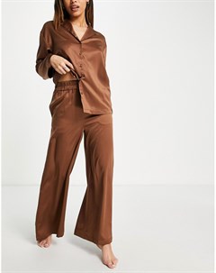 Атласный пижамный комплект шоколадного цвета из брюк и рубашки Topshop
