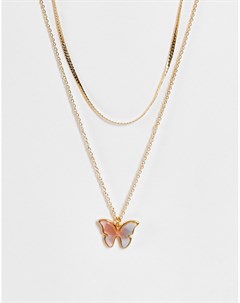 Золотистое двухъярусное ожерелье с бабочкой с мраморной отделкой Designb london
