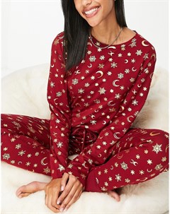 Пижама с лонгсливом и джоггерами из экологичного полиэстера темно красного цвета со звездным принтом Chelsea peers petite