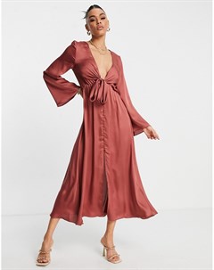Атласное платье миди рыжего цвета с завязкой спереди Asos design