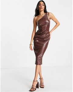 Фактурное коричневое платье футляр миди на одно плечо с эффектом крокодиловой кожи Asos design