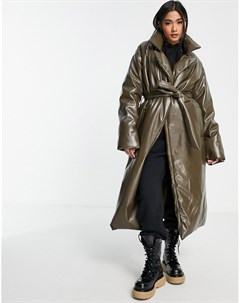Удлиненное утепленное пальто из искусственной кожи коричневого цвета с поясом Asos design