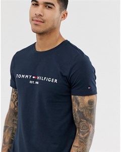 Темно синяя футболка с вышитым логотипом флагом Tommy hilfiger