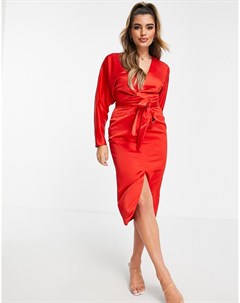 Атласное платье миди красного цвета с рукавами летучая мышь и запахом на талии Asos design