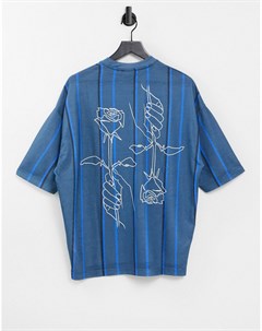 Oversized футболка голубого цвета в полоску и с принтом контурного рисунка цветка на спине Asos design