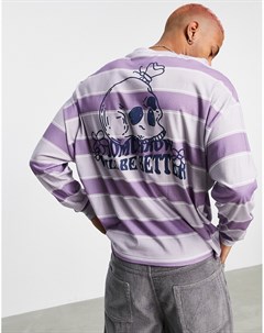Фиолетовая oversized футболка из органического хлопка в полоску с длинными рукавами и принтом черепа Asos design